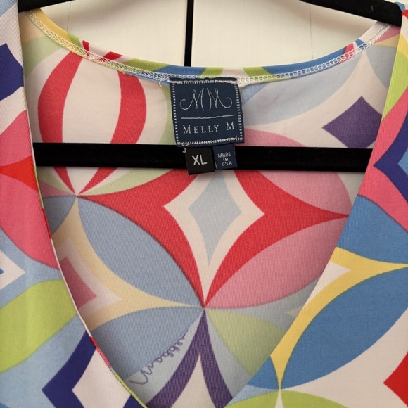 Melly M Jersey Top V Neck Blouse Size XL Retro Abstract Pattern‎ Kaleidoscope - Picture 4 of 10
